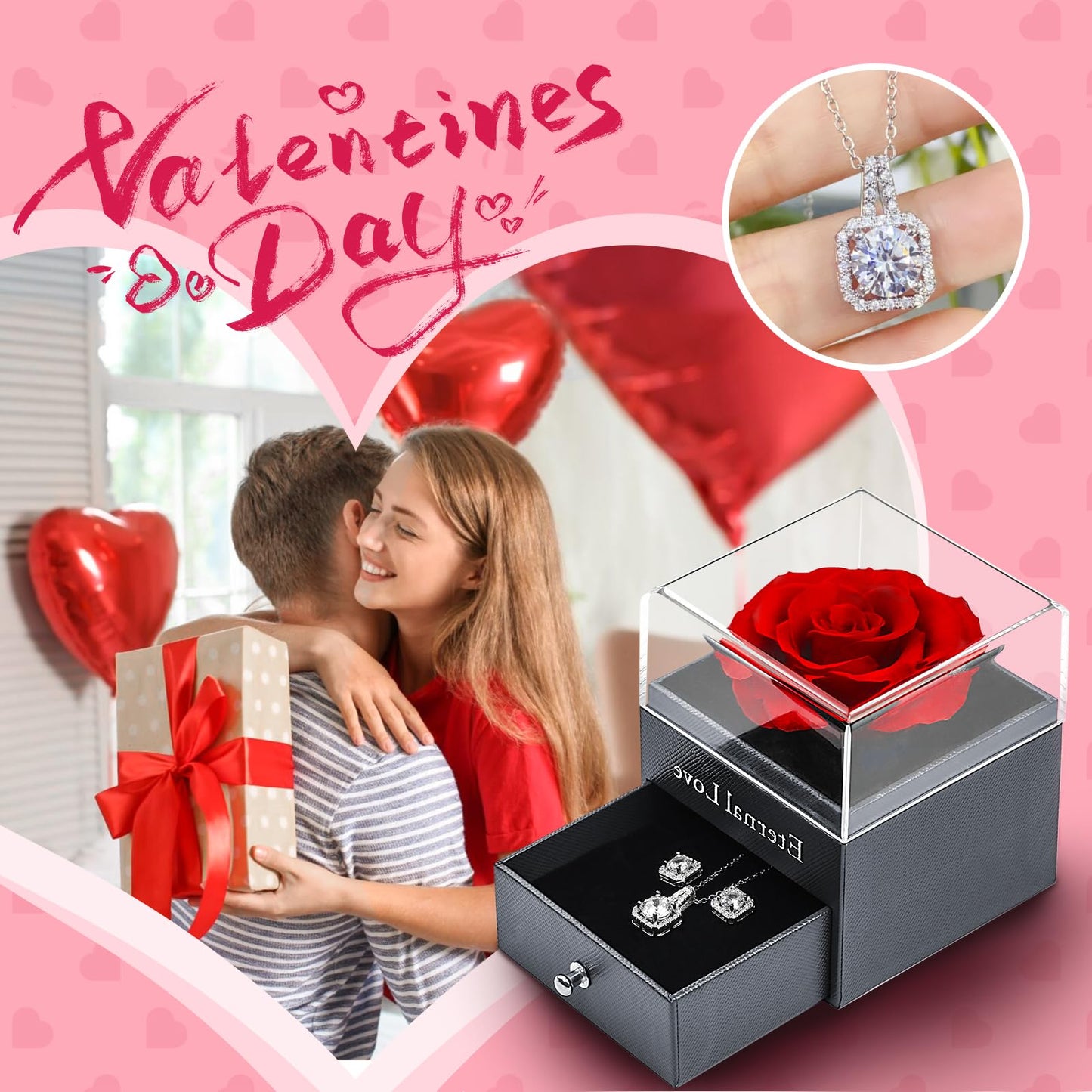 Eterna Rosa Preservada Box Rosa e Colar Romántico
