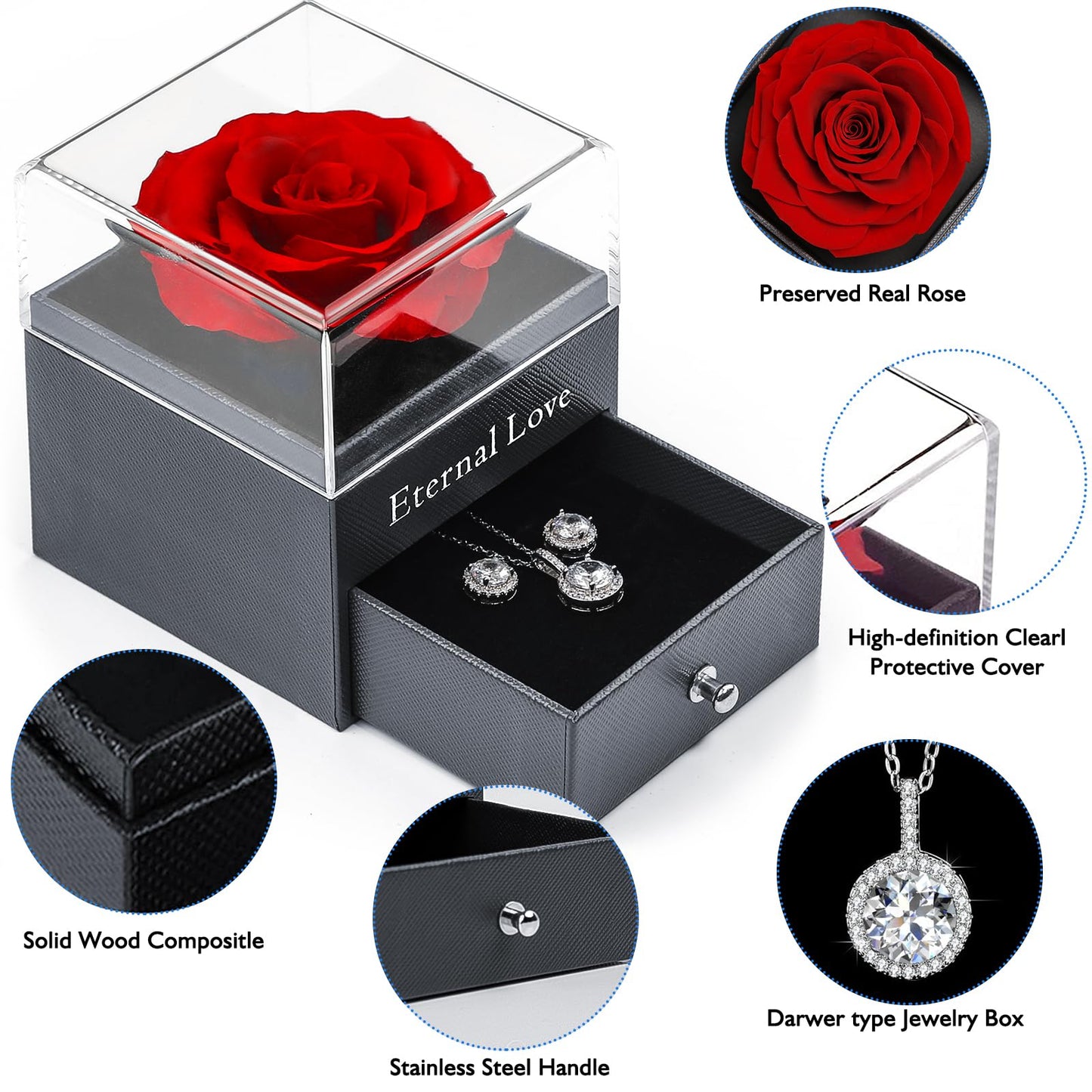Eterna Rosa Preservada Box Rosa e Colar Romántico