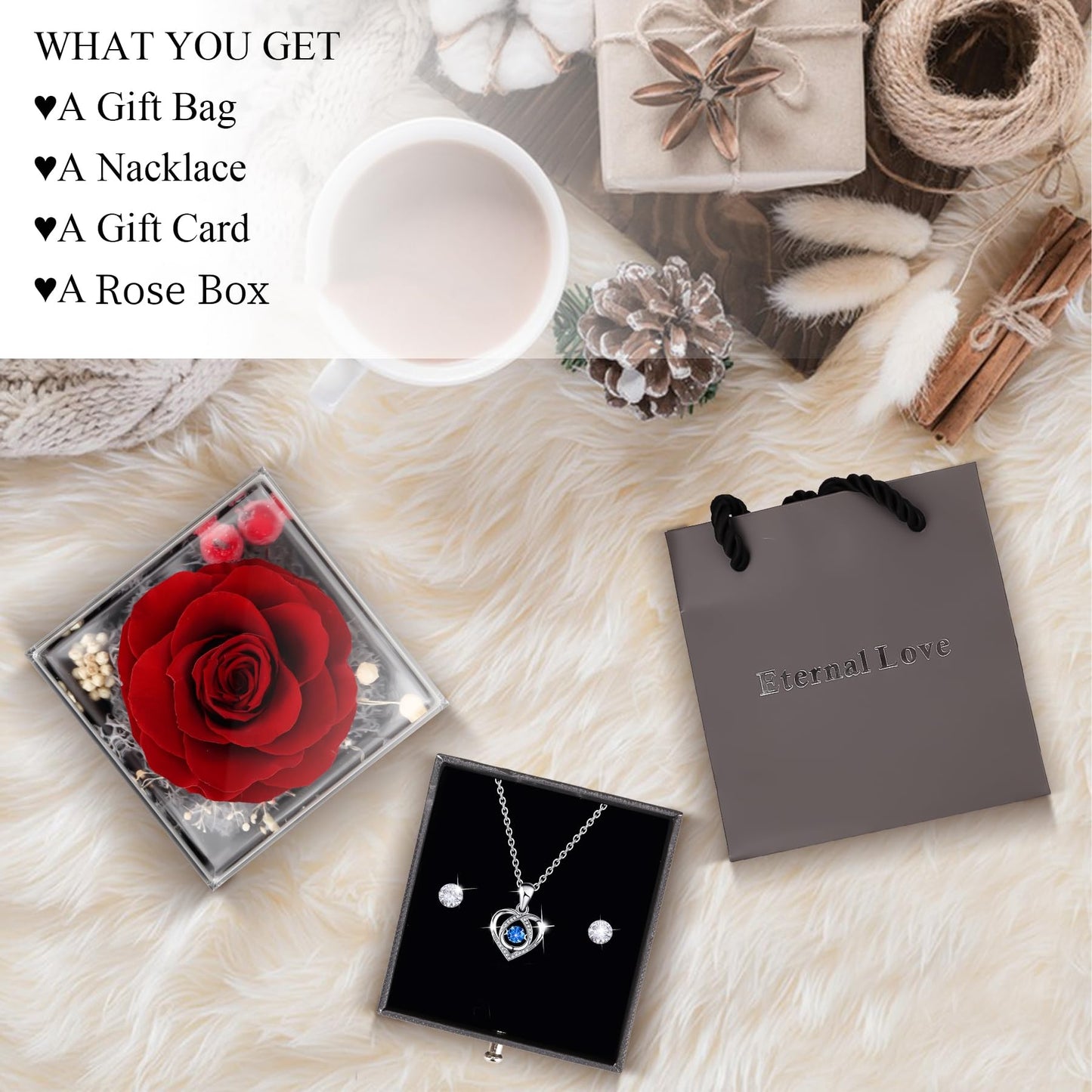 CSYY Rosa Eterna Box e Colar Coração Apaixonado