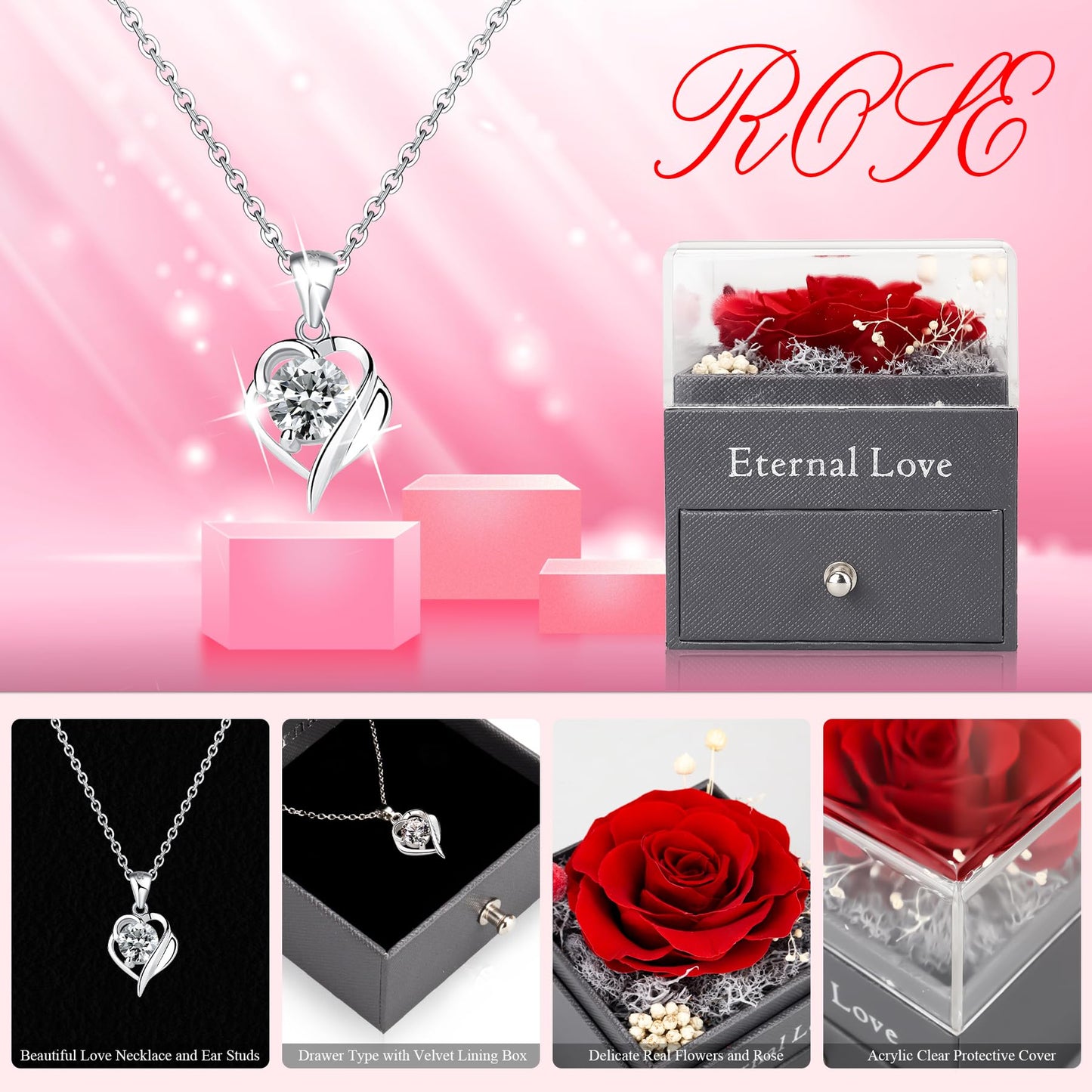 CSYY Rosa Eterna Box e Colar Coração Apaixonado