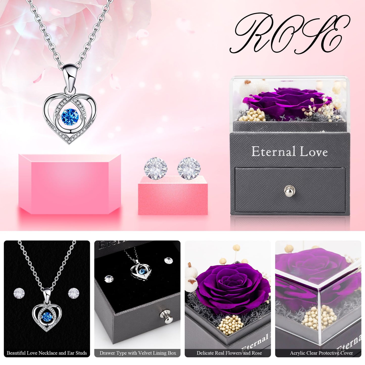 CSYY Rosa Eterna Box e Colar Coração Apaixonado