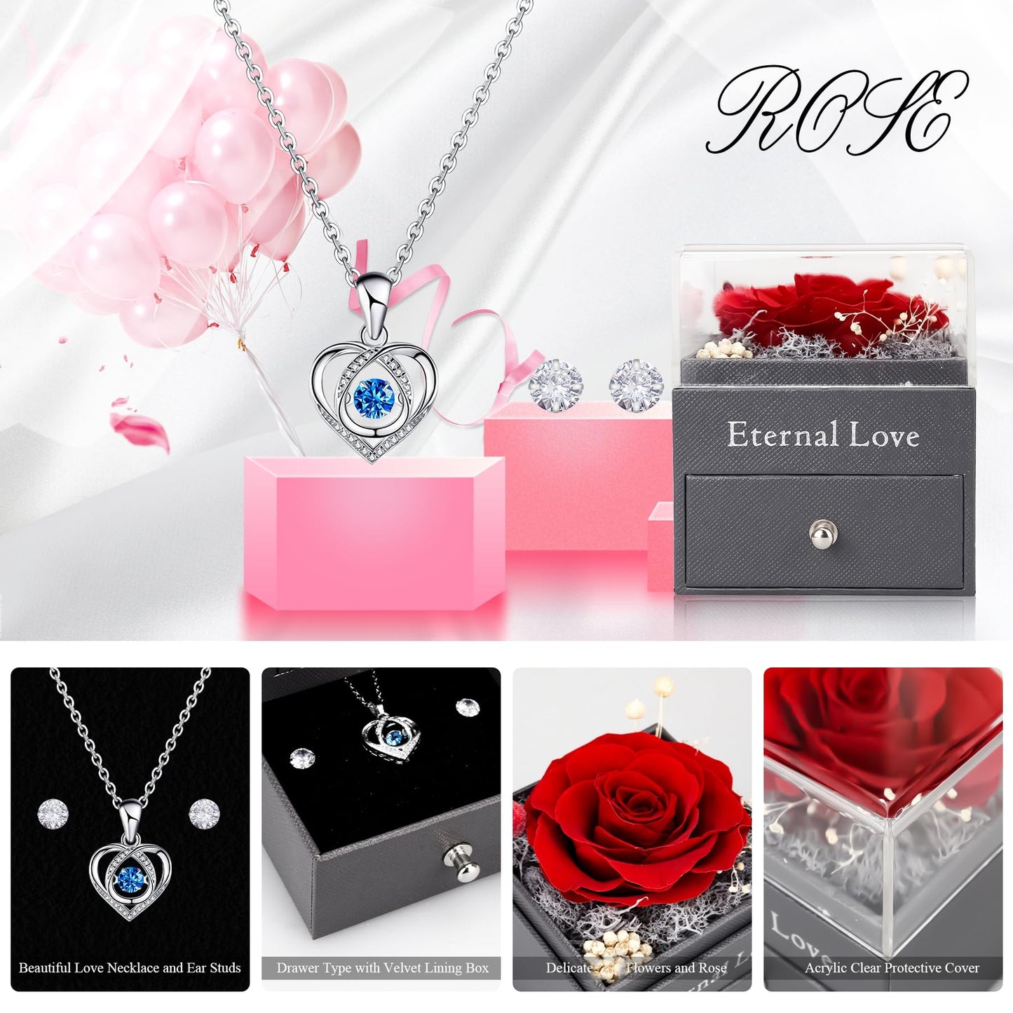 CSYY Rosa Eterna Box e Colar Coração Apaixonado