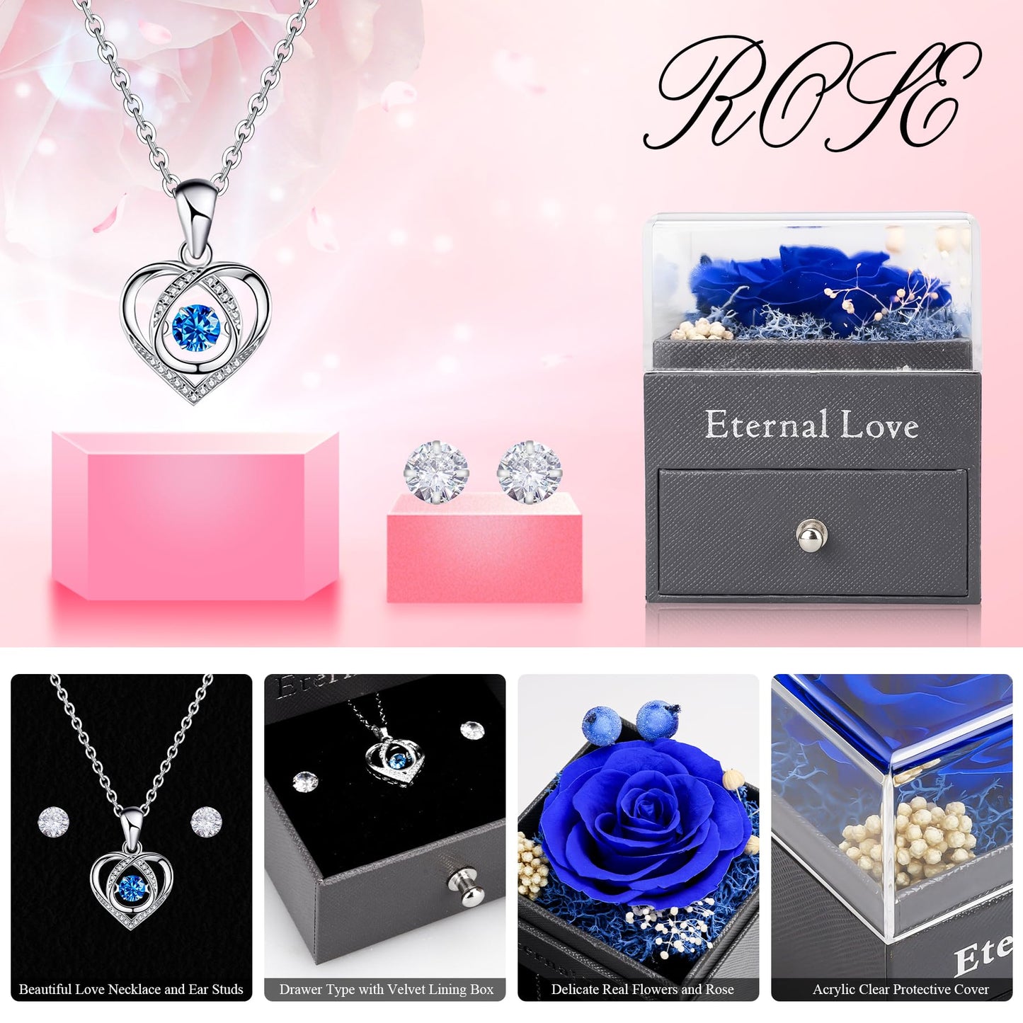 CSYY Rosa Eterna Box e Colar Coração Apaixonado