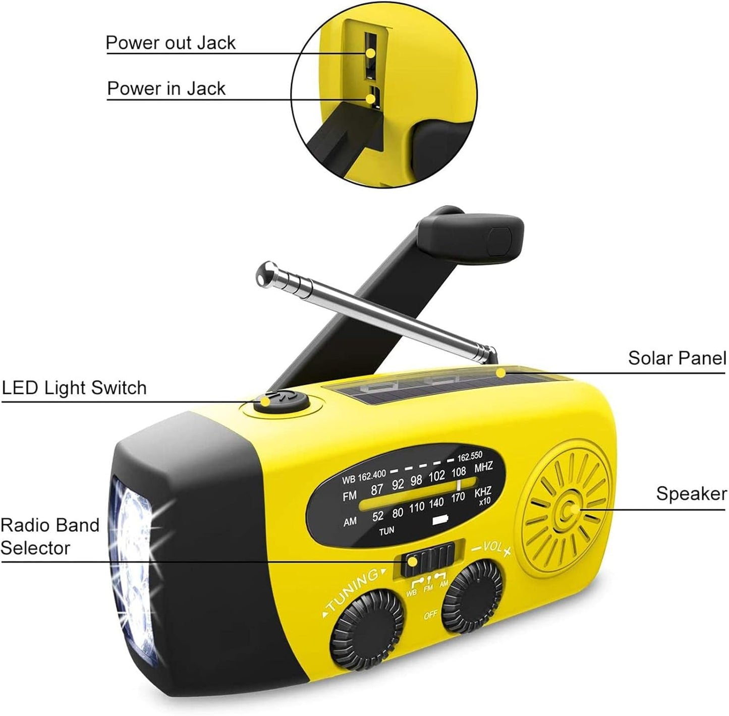 Rádio de emergência, rádios solares portáteis rádio FM com manivela manual para sobrevivência, com 3 lanternas LED e power bank 1200 MAh para emergências ao ar livre