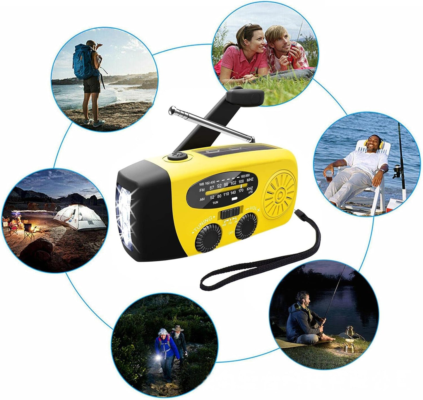 Rádio de emergência, rádios solares portáteis rádio FM com manivela manual para sobrevivência, com 3 lanternas LED e power bank 1200 MAh para emergências ao ar livre
