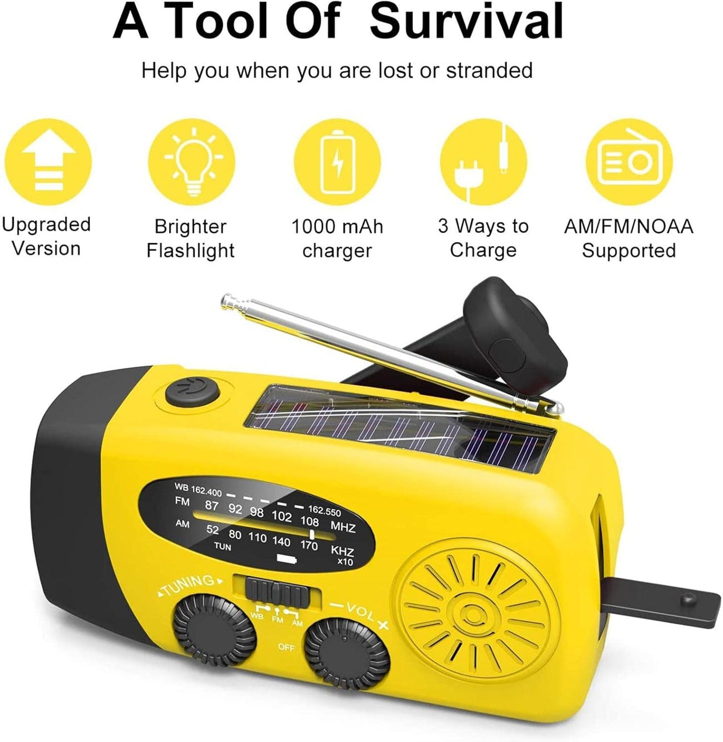 Rádio de emergência, rádios solares portáteis rádio FM com manivela manual para sobrevivência, com 3 lanternas LED e power bank 1200 MAh para emergências ao ar livre