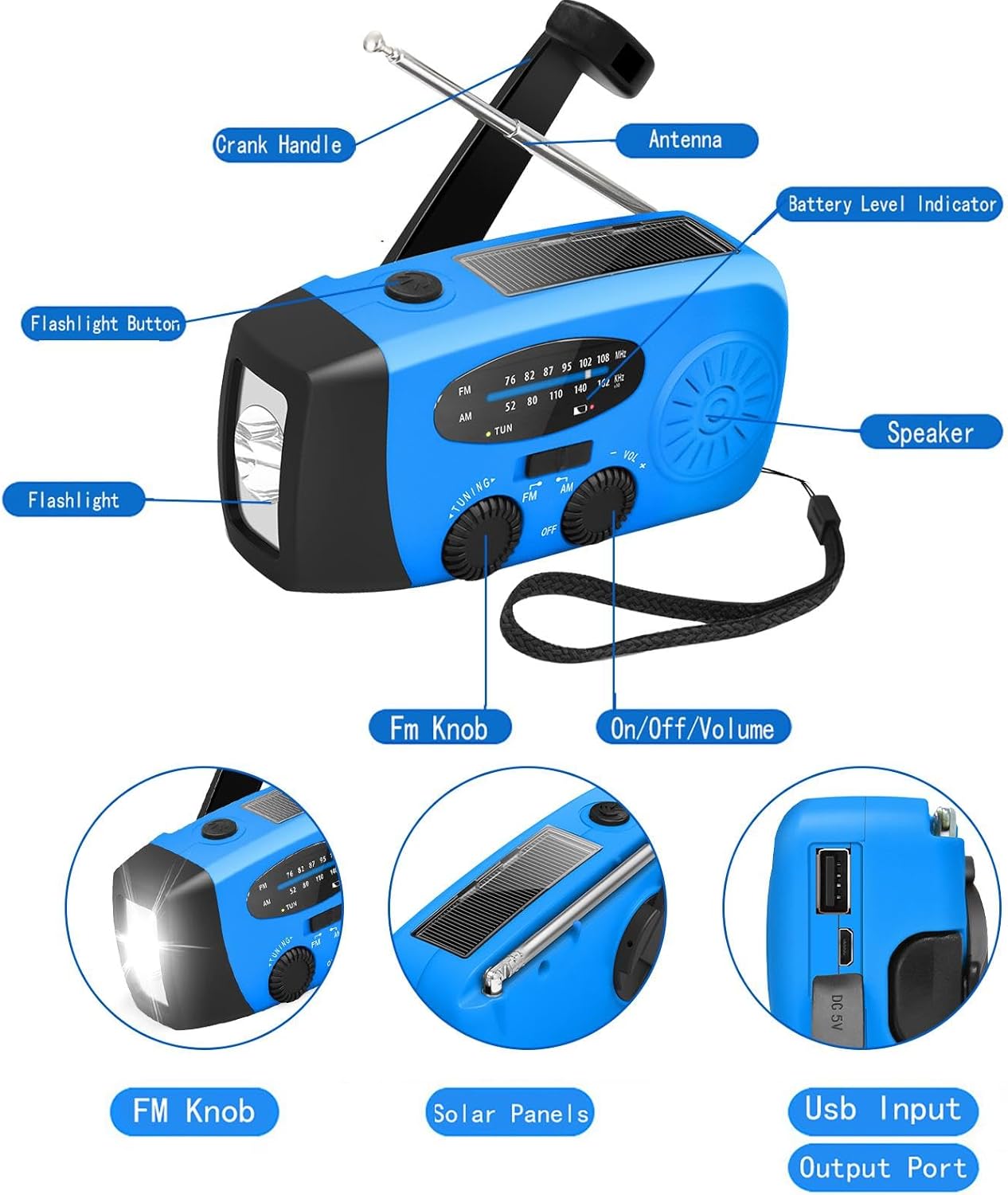 Rádio manivela de emergência, rádio meteorológica NOAA Am/FM auto-alimentado com bateria externa 2000 mAh, carregador de telemóvel, lanterna LED, rádio portátil sobrevivência, alarme SOS